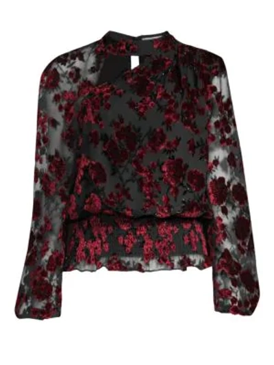 Parker Gavin Shirred Velvet Floral Blouse In Merlot