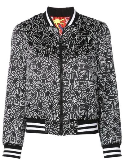 Alice And Olivia Keith Haring X Alice + Olivia Lonnie Graphic Reversible Silk Bomber Jacket In Dancing Man Cherry Multi