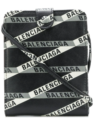 Balenciaga Logo Leather Wallet On Strap In Black
