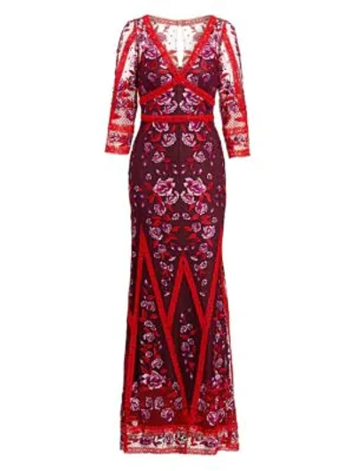 Marchesa Notte Floral Lace Gown In Wine