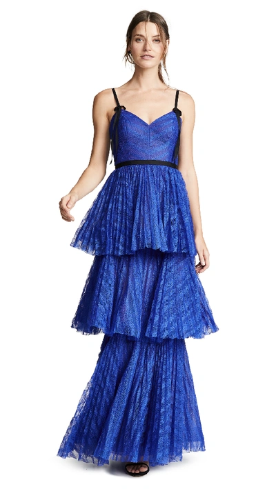 Marchesa Notte Sleeveless Striped Lace Tiered Gown In Royal