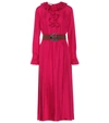 Gucci Belted Ruffle-trim Silk Twill Peasant Dress In Pink