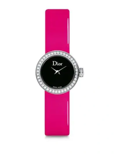Dior La Mini D De  Diamond, Stainless Steel & Pink Patent Leather Strap Watch In Fucshia-black