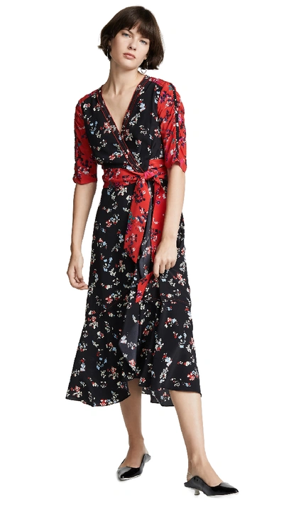 Tanya Taylor Blaire Floral-print Silk Short-sleeve Wrap Dress In Red Black