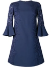 Valentino Jewel-neck 3/4 Flutter Cuff Crepe Couture Dress In Blue
