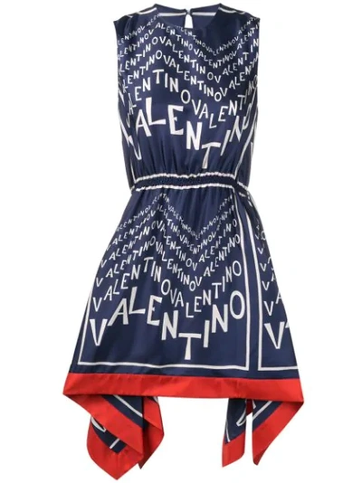Valentino Asymmetric Printed Silk-twill Mini Dress In Blue