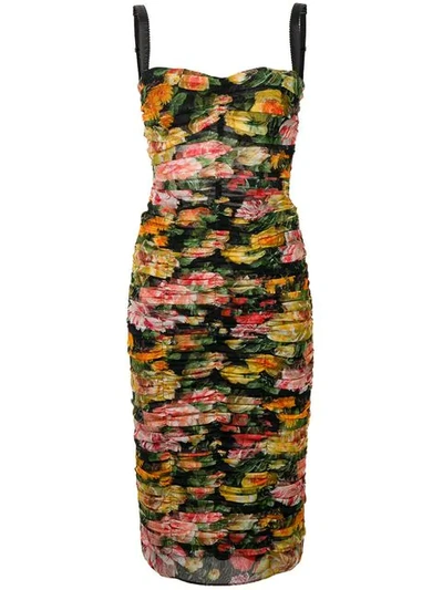 Dolce & Gabbana Floral Print Ruched Tulle Body-con Dress In Orng-pnk