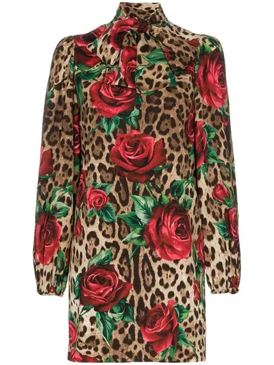 Dolce & Gabbana Silk Charmeuse Tie Neck A-line Dress In Brown
