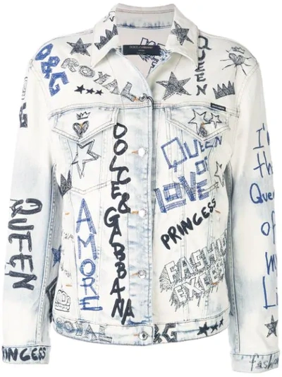 Dolce & Gabbana Stitched Graffiti Denim Jacket In White