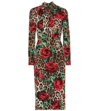 Dolce & Gabbana Rose & Leopard Print Tie Neck Stretch Silk Midi Dress In Multicolor