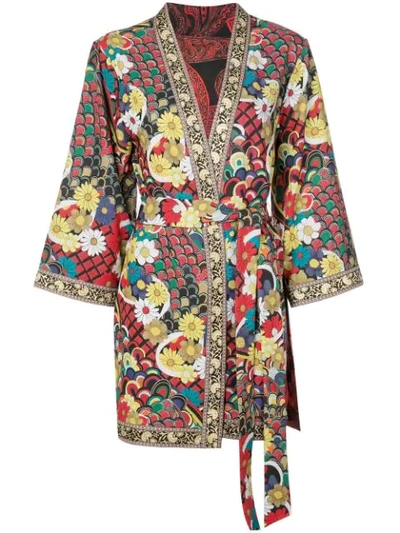 Alice And Olivia Lynn Jacquard-trimmed Printed Crepe De Chine Kimono In Red