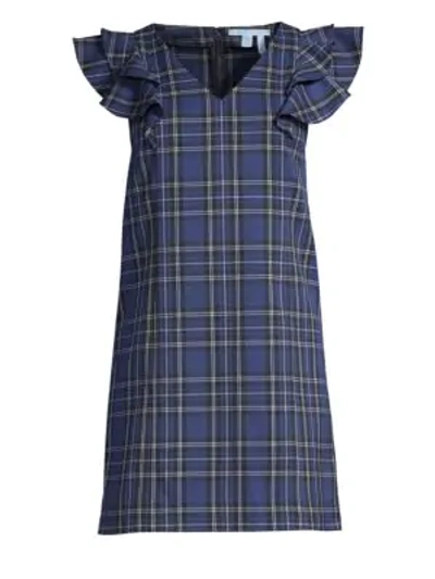 Draper James Plaid Ruffle Shoulder Shift Dress In Nassau Navy
