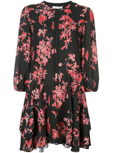 Alice And Olivia Moore Blouson-sleeve Floral Dress In Vivid Black