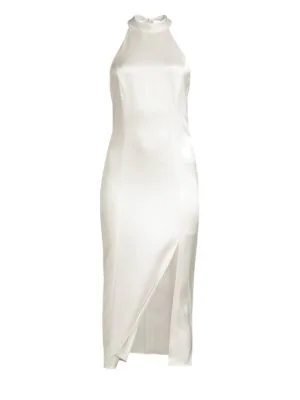 white satin halter dress