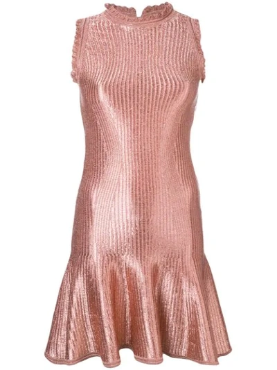 Alexander Mcqueen Ruffle Trim Metallic Ribbed Dress In Pink