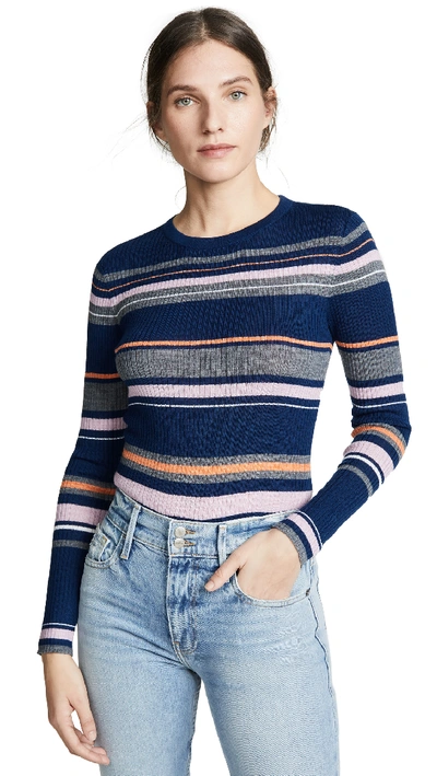 Frame Stripe Crewneck Merino Wool Blend Sweater In Lilac Mult