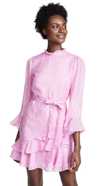 Saloni Marissa Metallic Ruffle High-neck Mini Dress In Candy Pink Metallic