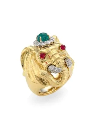 David Webb Kingdom 18k Yellow Gold, Platinum, Emerald, Diamond & Ruby Elephant Ring