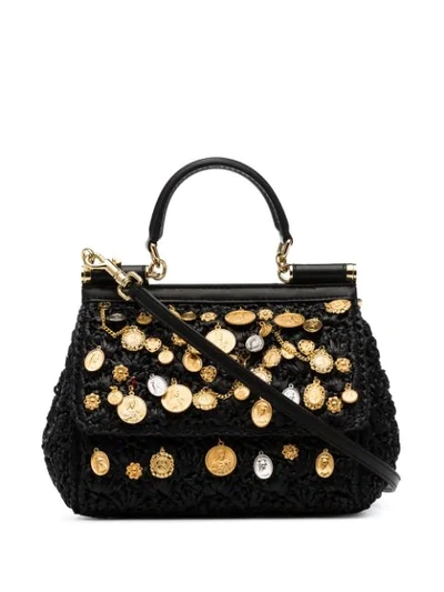 Dolce & Gabbana Small Sicily Charm-embellished Raffia Top Handle Bag In Black