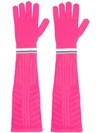 Prada Logo Intarsia Tech Knit Long Gloves In Rosa Fluo Bianco