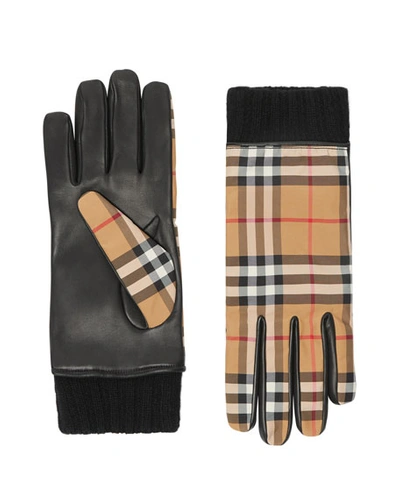 Burberry Cashmere-lined Leather-trimmed Check Gloves In Yellow