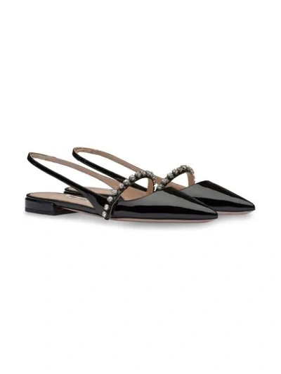 Miu Miu Crystal-embellished Patent-leather Slingback Flats In Black