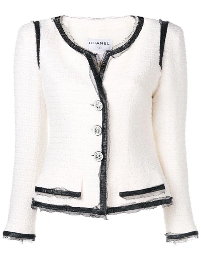 Pre-owned Chanel Vintage Trimmed Detailing Collarless Jacket - White