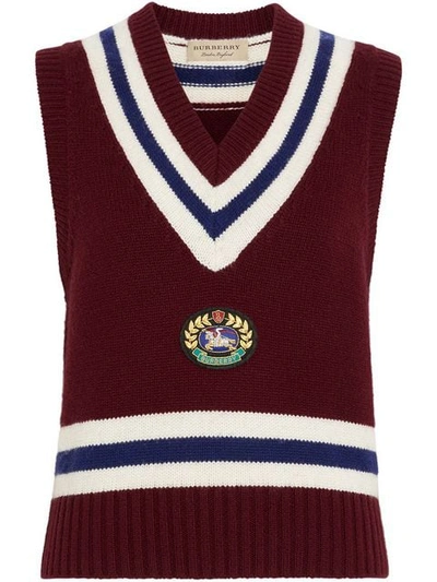 Burberry Crest-embroidered Sleeveless Wool And Cashmere-blend Top In Burgundy