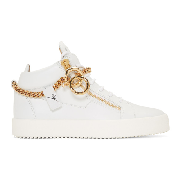 Giuseppe Zanotti Goldtone Chain Mid-top Leather Sneakers In White/gold ...