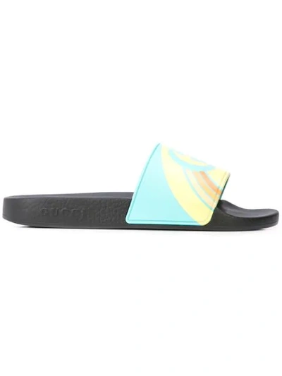 Gucci Men's Interlocking G Rainbow Rubber Slide Sandals In Blue