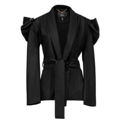 Nissa Elegant Coat With Waist Belt & Puffed Sleevs