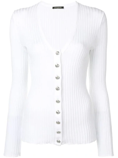 Balmain Lightweight Ribbed Cardigan In White