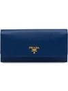 Prada Leather Long Flap Wallet In Blue