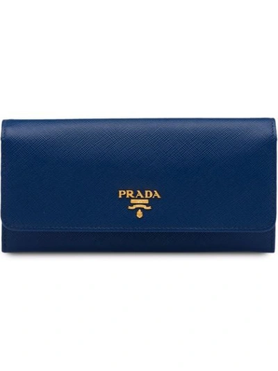 Prada Leather Long Flap Wallet In Blue