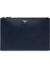 Prada Logo Zipped Pouch In Blue