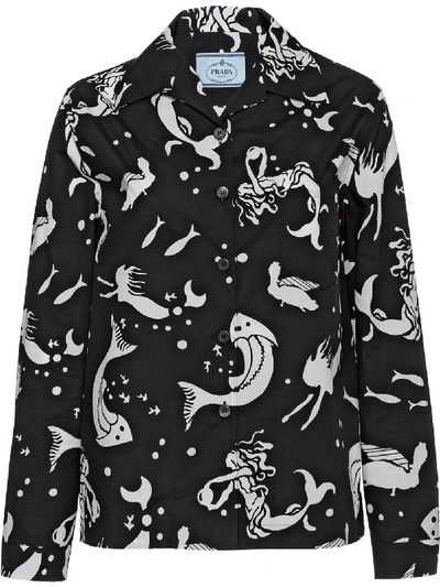 Prada Mermaid Printed Poplin Shirt - Black | ModeSens