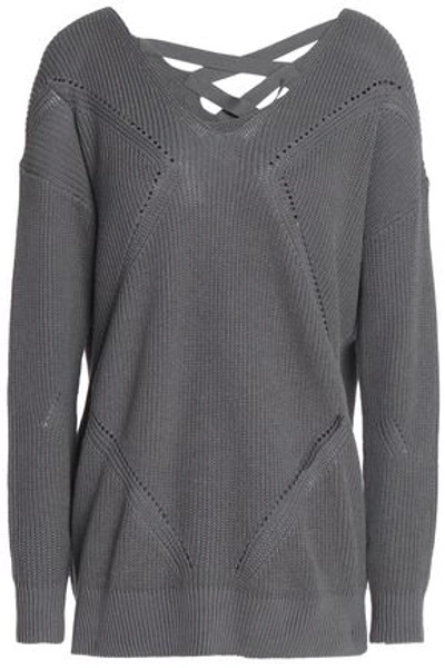 Tart Collections Woman Cross-back Pointelle-trimmed Cotton Sweater Dark Gray