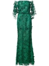 Marchesa Notte Off-the-shoulder Gown W/ 3d Flower Lace In Green
