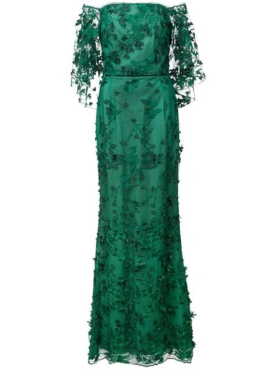 Marchesa Notte Off-the-shoulder Gown W/ 3d Flower Lace In Green