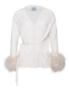 Prada Cardigan With Tie Belt And Feathers In White