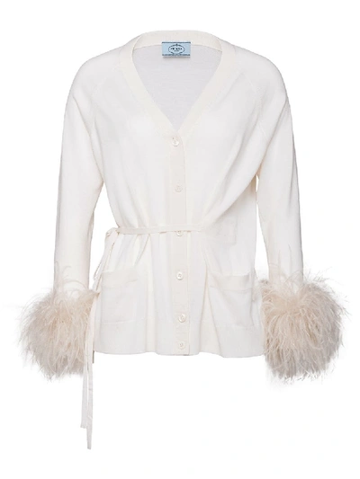 Prada Cardigan With Tie Belt And Feathers In White