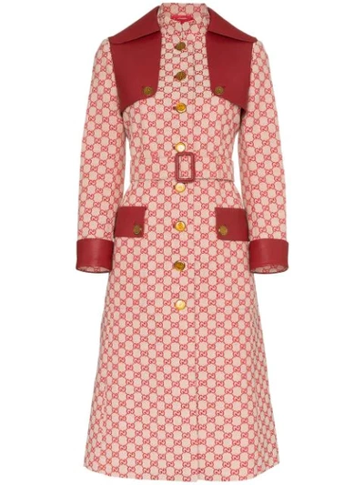 Gucci Button-front Gg Canvas Trench Coat W/ Leather Details In Gardenia/ Red