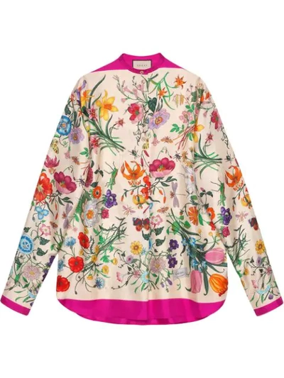 Gucci Oversized Floral Print Silk Twill Shirt In Fucsia