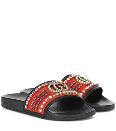 Gucci Velvet Slide Sandal With Crystals In Black