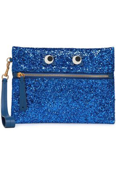 Anya Hindmarch Appliquéd Glittered Pvc Clutch In Bright Blue