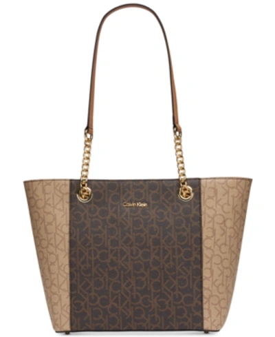 Calvin Klein Hayden Large Signature Tote In Brown Buff/gold