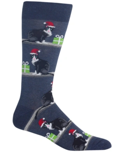 Hot Sox Men's Holiday Animal Crew Socks In Denim Heather Cats