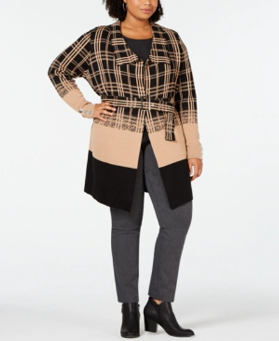 Belldini Black Label Plus Size Ombre Plaid Trench Cardigan In Iced Latte/black