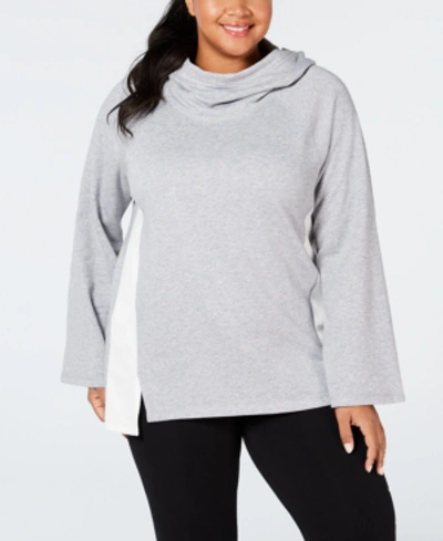 Calvin Klein Performance Plus Size Velour-trimmed Cowl-neck Hoodie In Pearl Grey Heather Combo