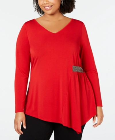 Belldini Black Label Plus Size Embellished Asymmetrical-hem Tunic In  Red